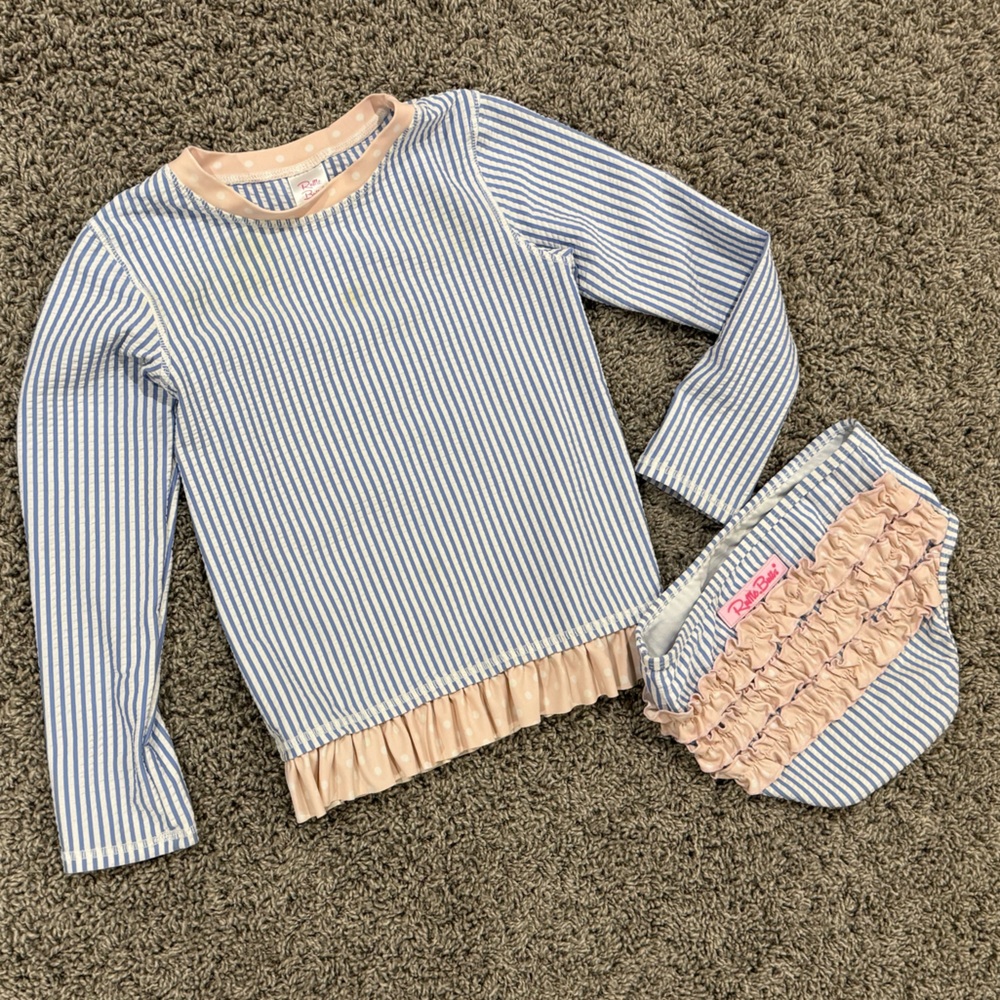 Kids Blue Stripe Rash Guard Set with Pink Ruffle Trim